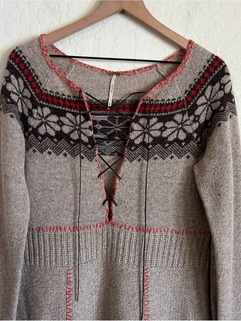 Free People Wool Fair Isle Nordic Lace Up Long Sleeve Knit Sweater Dress Medium - Picture 2 of 6